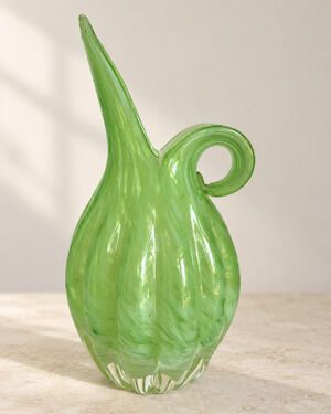 Vintage Green Hand Blown Art Glass Vase 7 in Curl Handle Pulled Point MCM